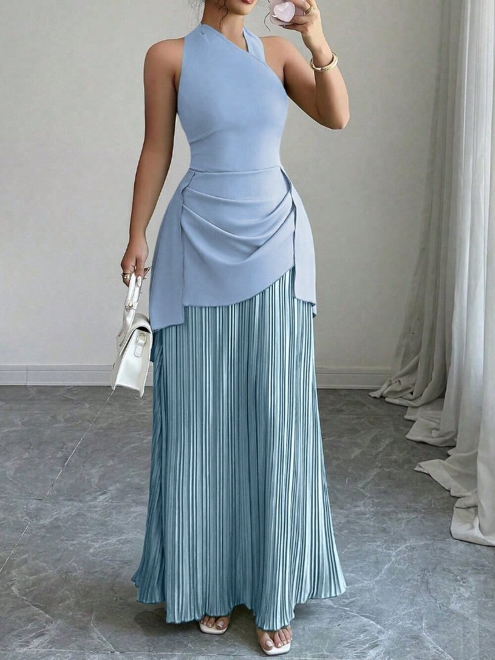 Blue Elegant Women's Pleated Neck Tie Dress